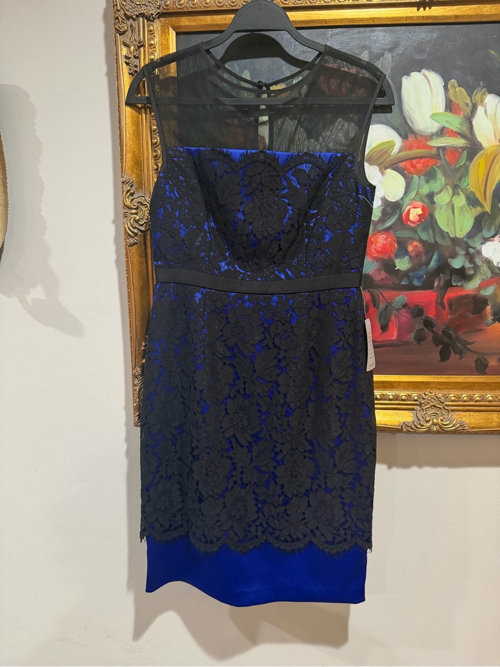 Eliza J Black Lace Overlay Midi Dress with Royal Blue Lining